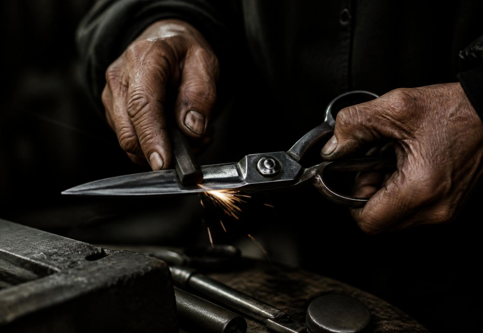 Craftsman finishing a scissor edge on a whetstone